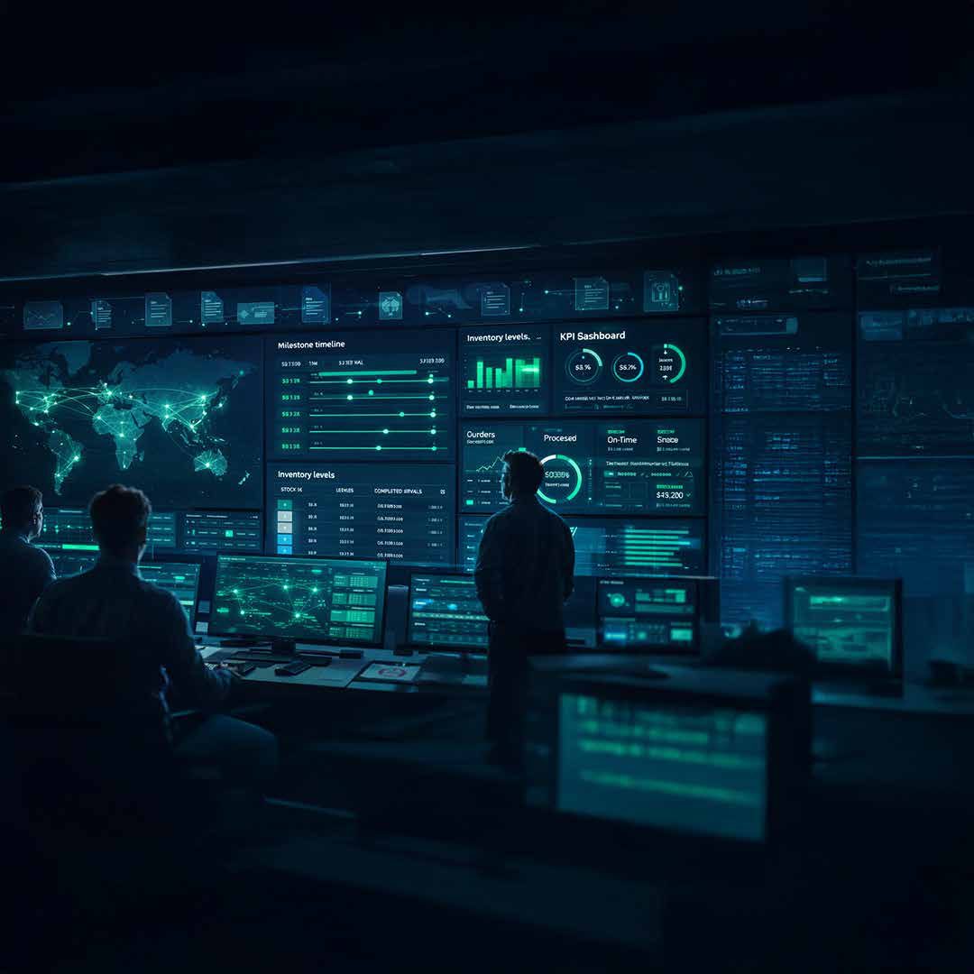 A logistics operations control room with live dashboards and a world map