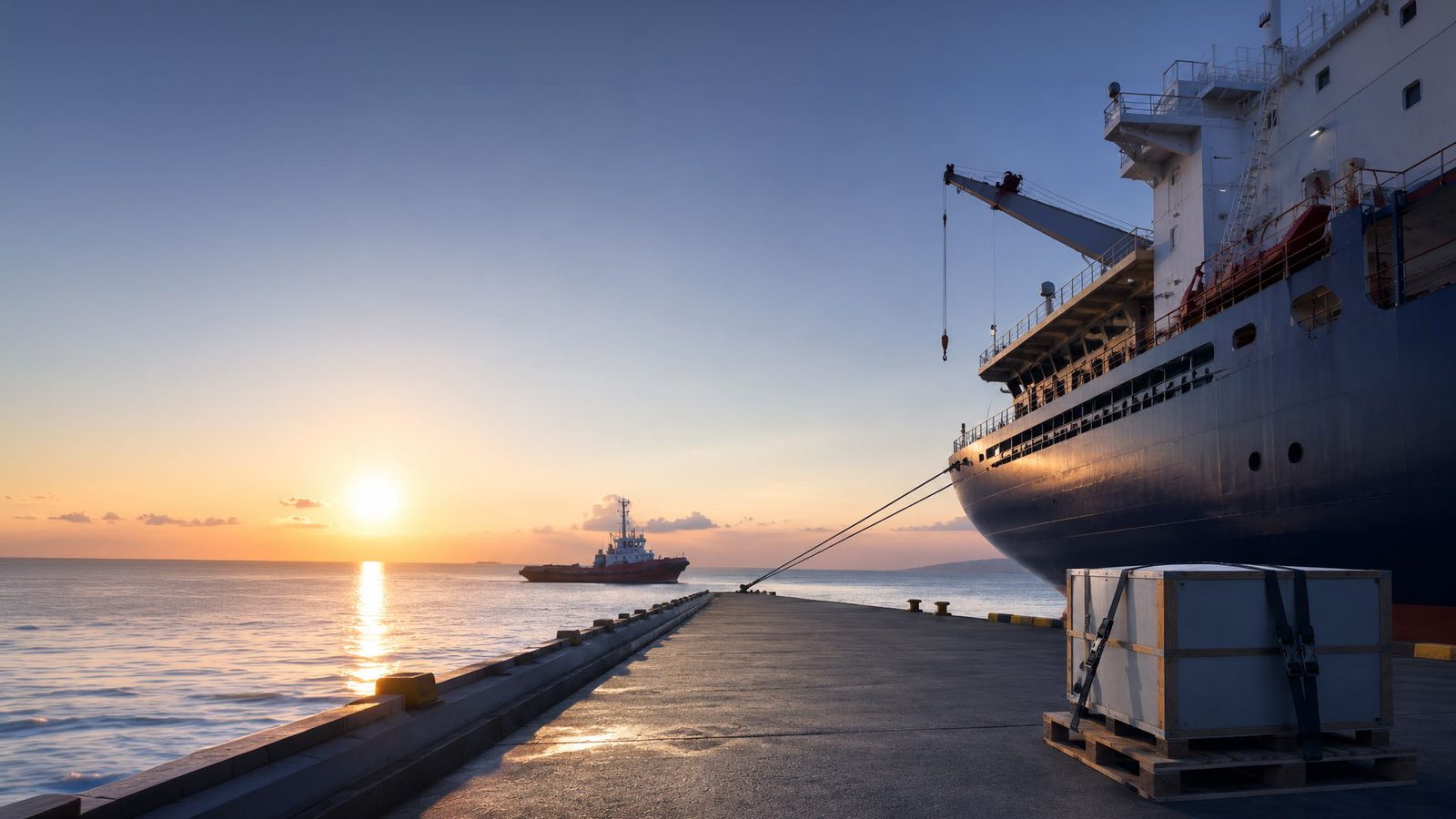 A crated cargo delivery waiting on the quay beside a moored vessel at sunset