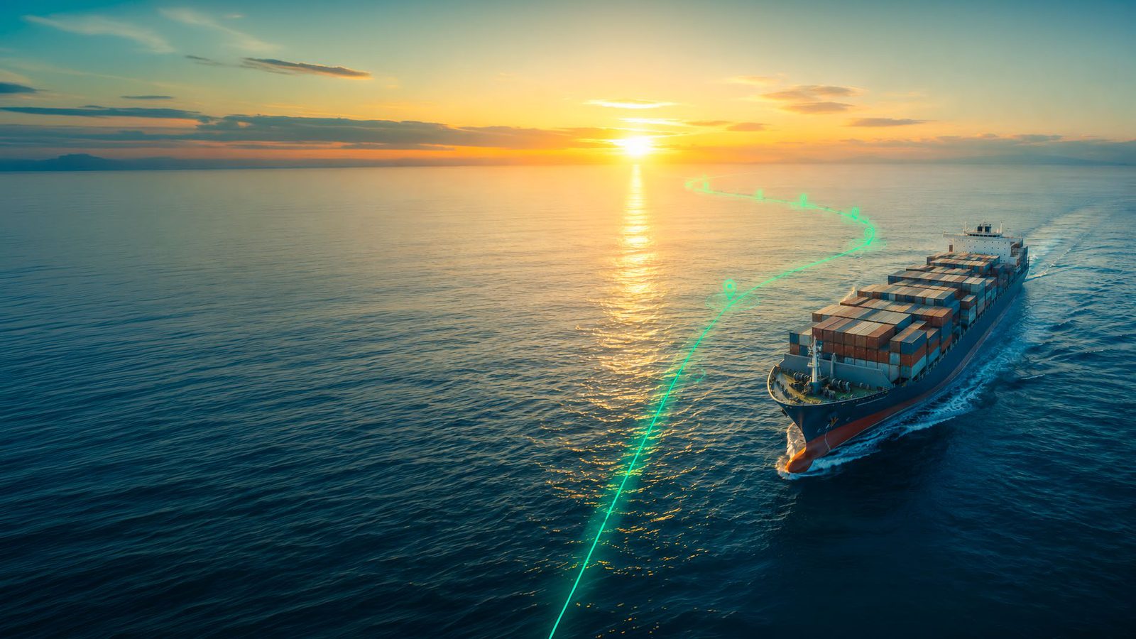 Aerial view of a container ship at sea following an optimized green route overlay