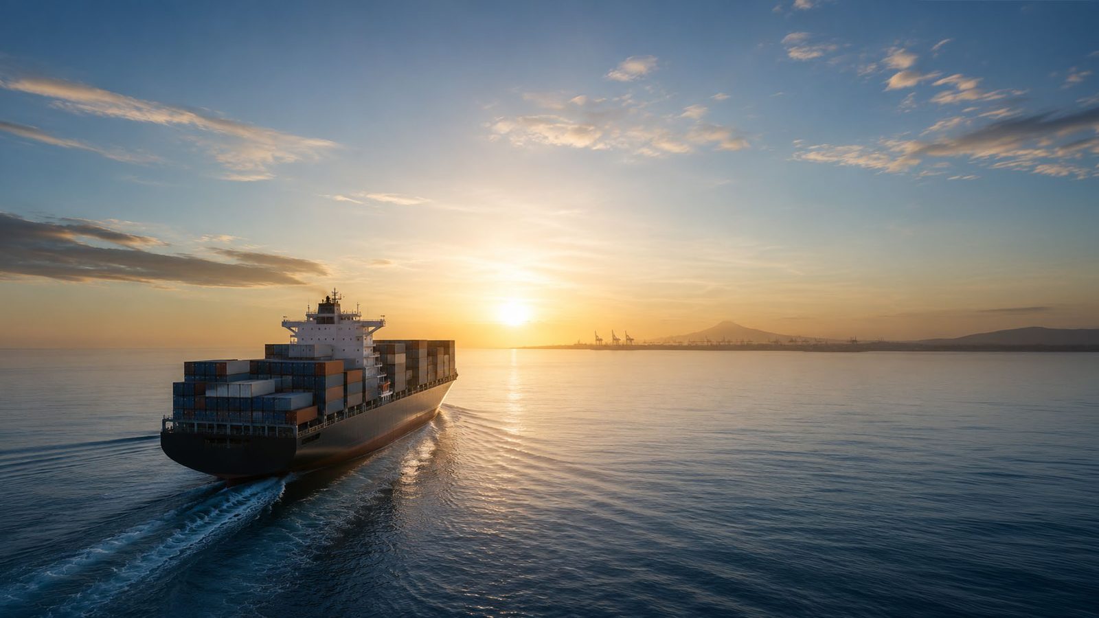 A container ship heading toward the sunset on open sea