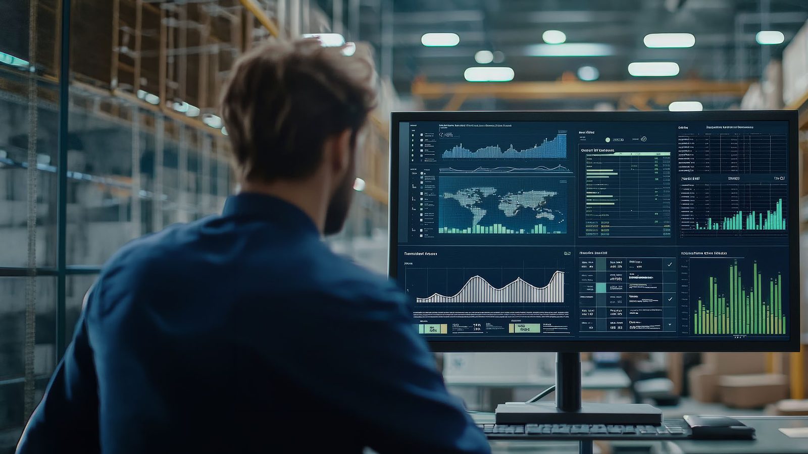 A logistics operator reviewing SmartWay e-Portal dashboards on a monitor inside a warehouse